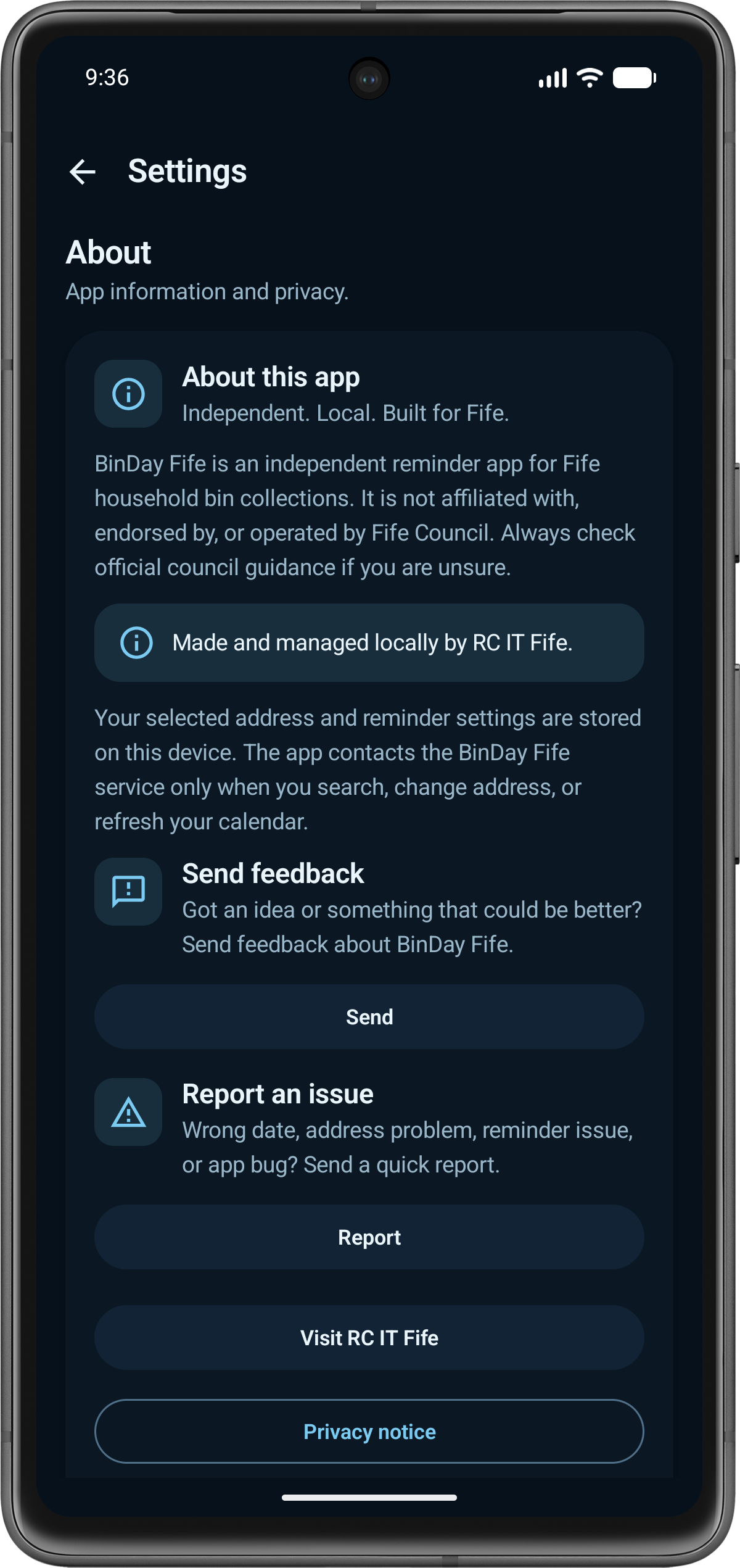 BinDay Fife settings screen with feedback, report an issue and privacy options
