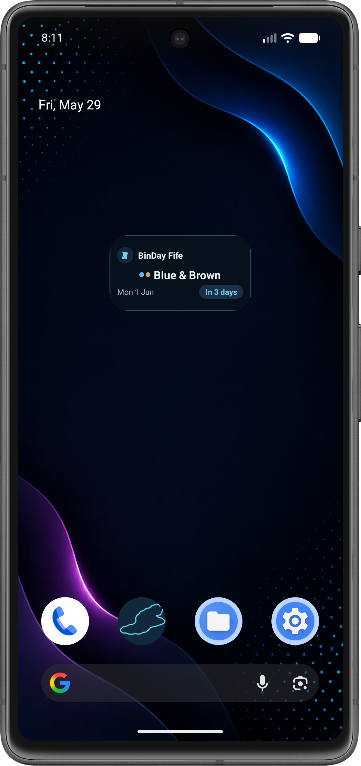 BinDay Fife home screen widget on an Android launcher