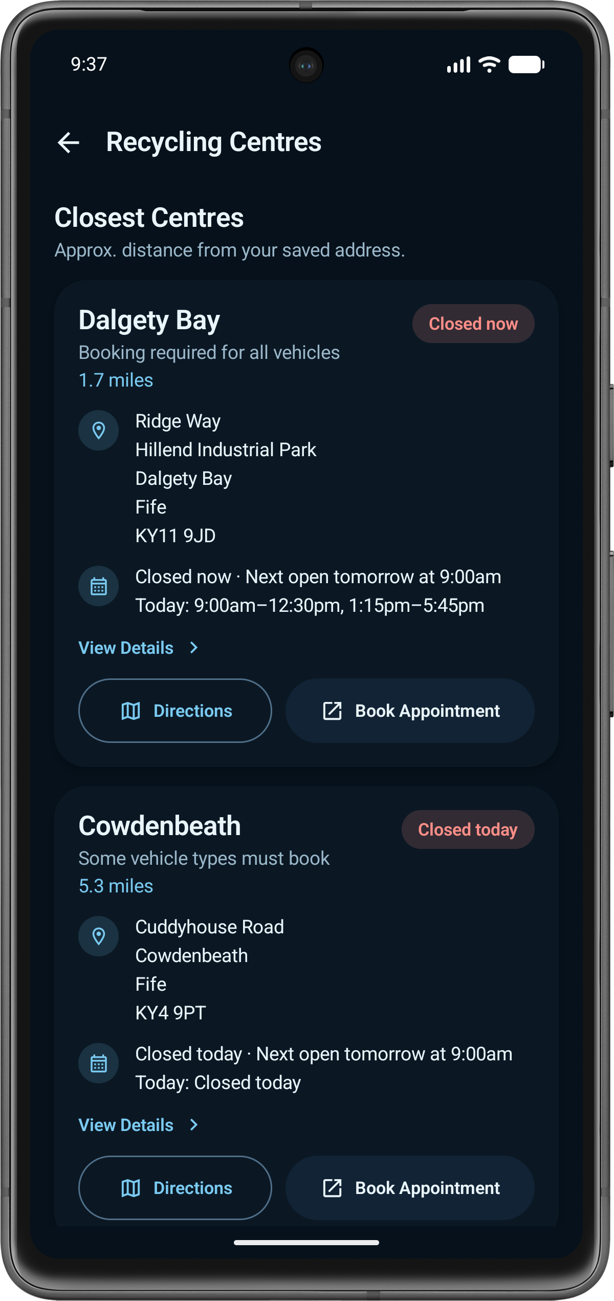 BinDay Fife recycling centres list