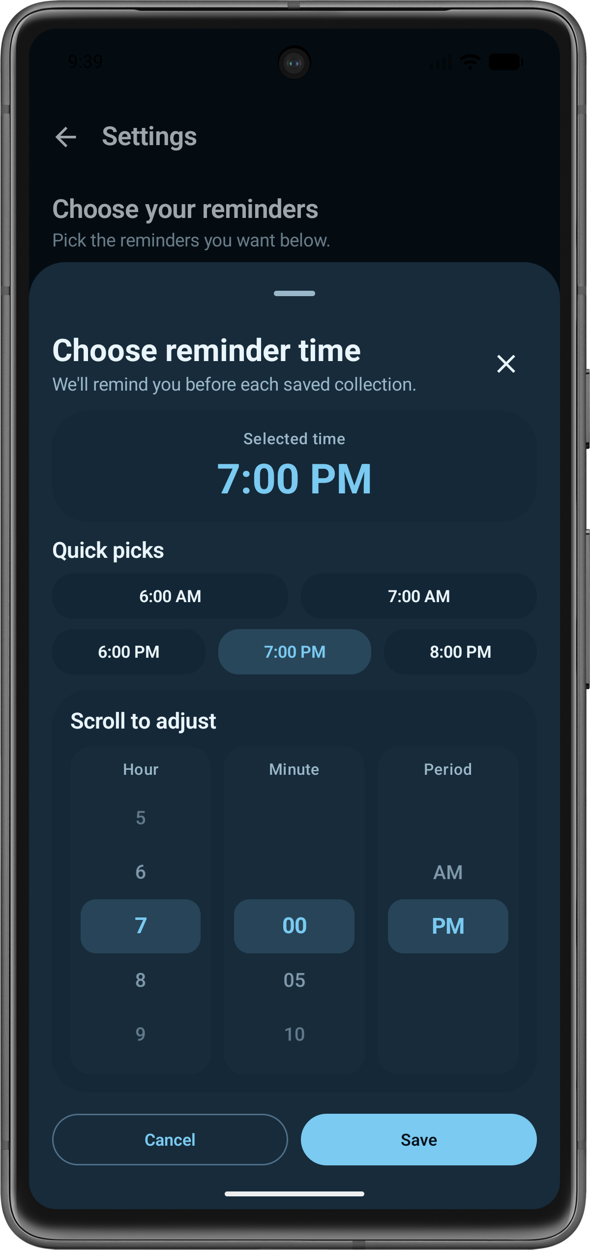 BinDay Fife reminder time picker