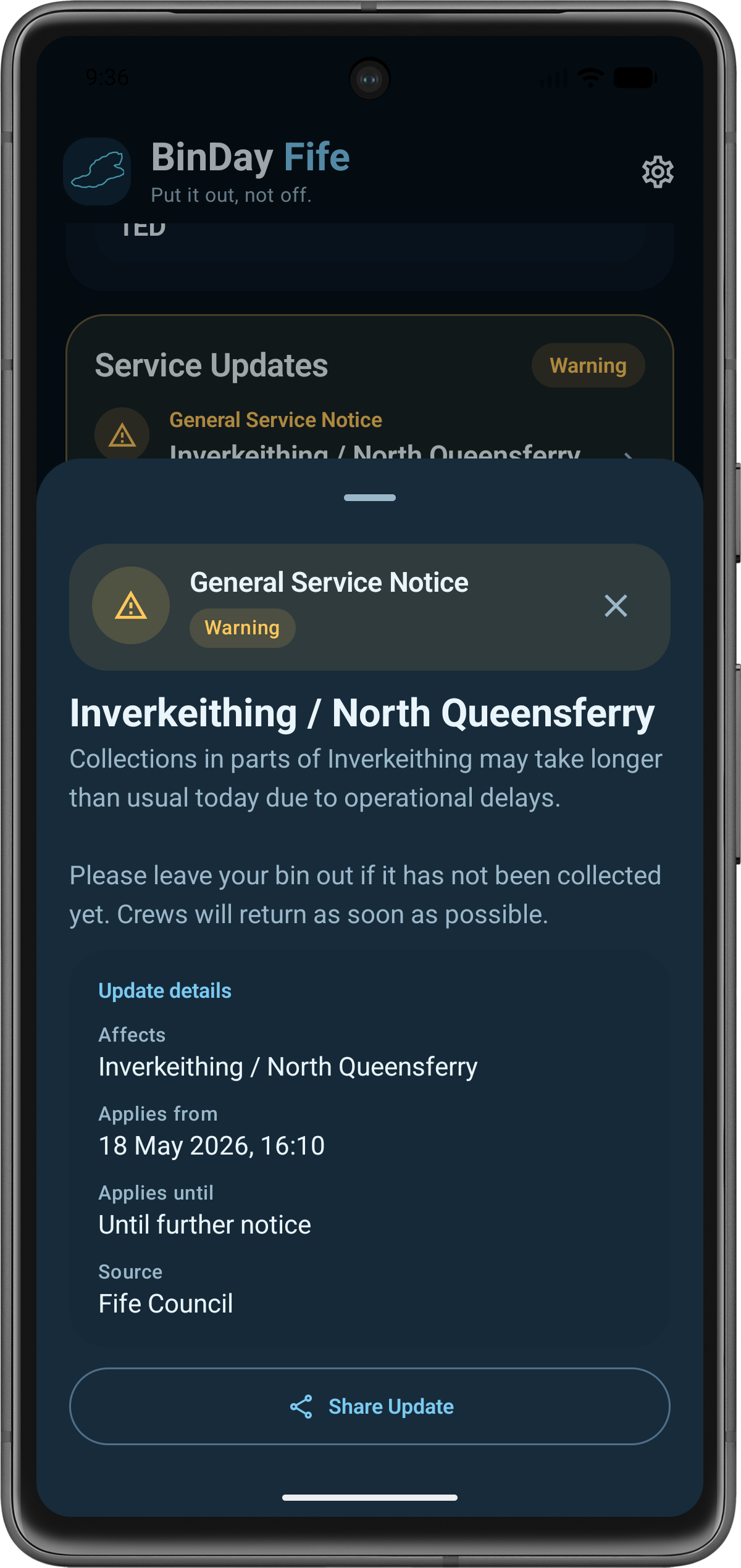BinDay Fife service update detail screen