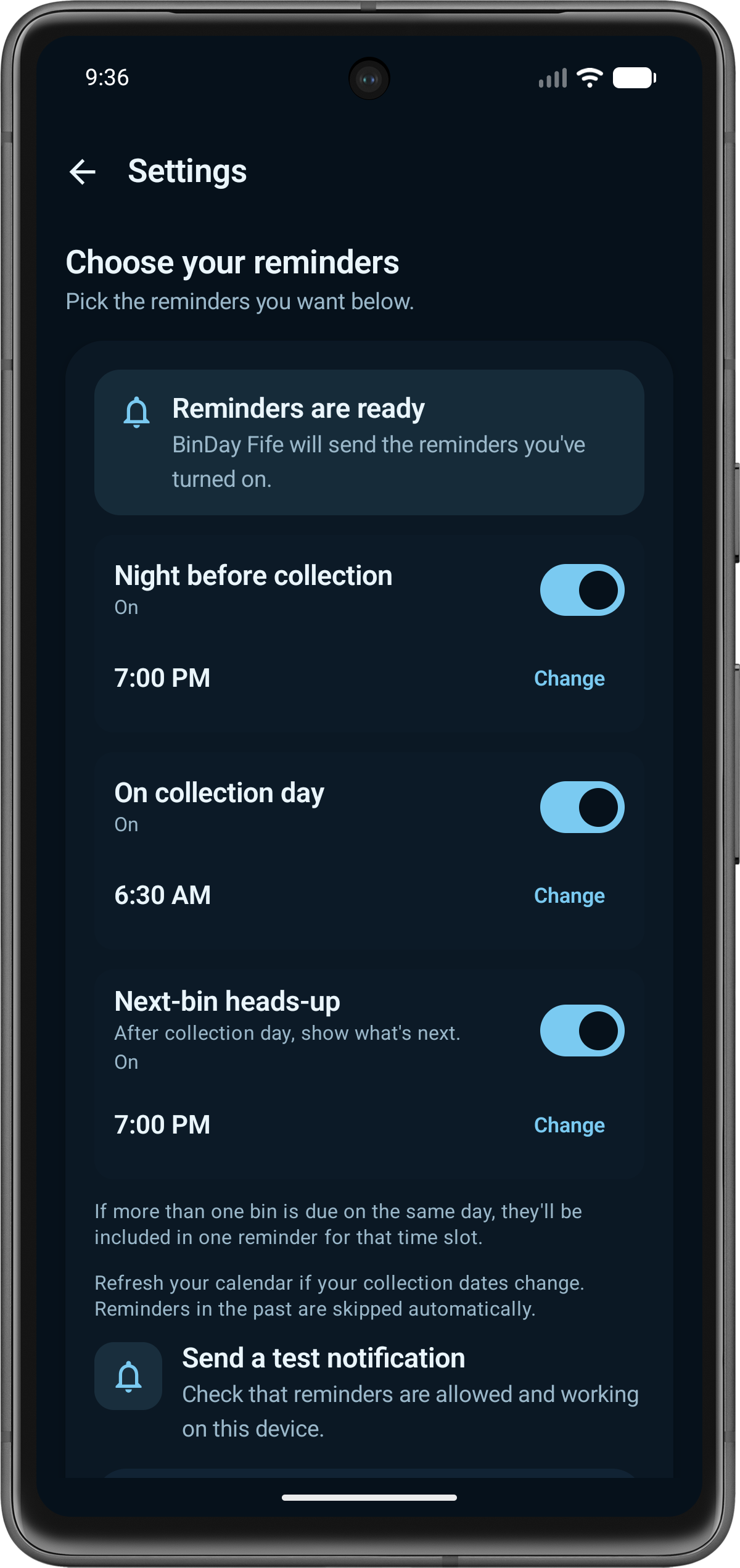 Notifications and reminders screen